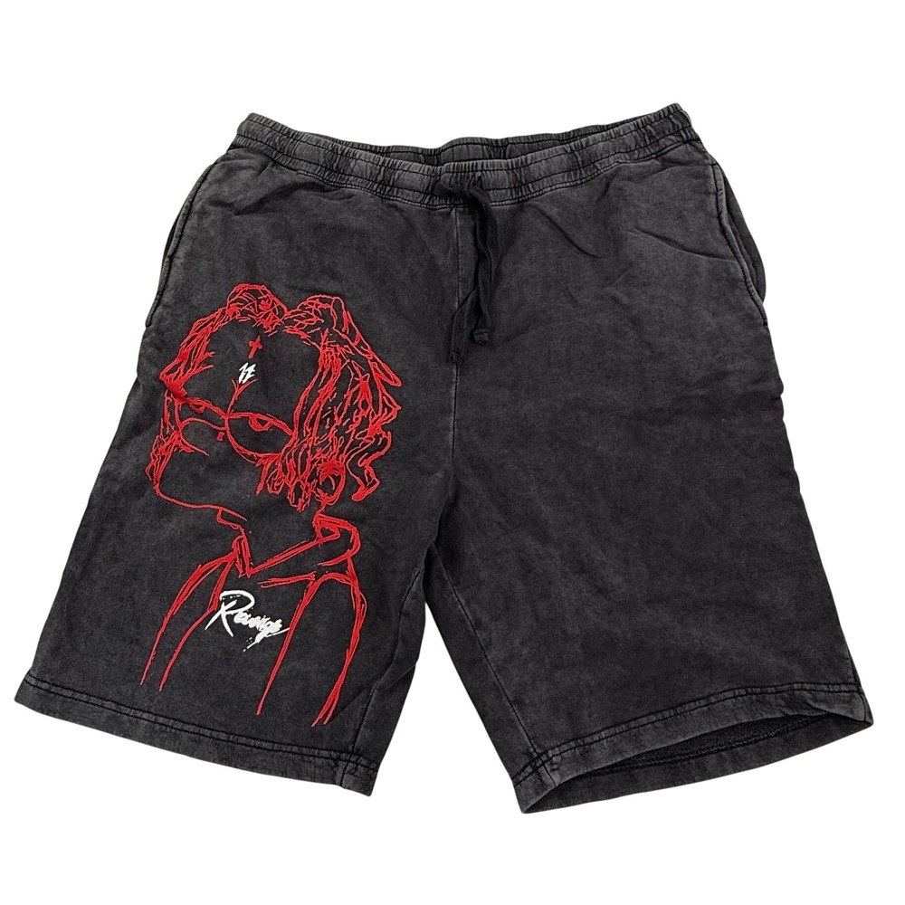 Revenge Washed Black Mineral Red Character Graphic Fleece Shorts Mens XXL 2XL